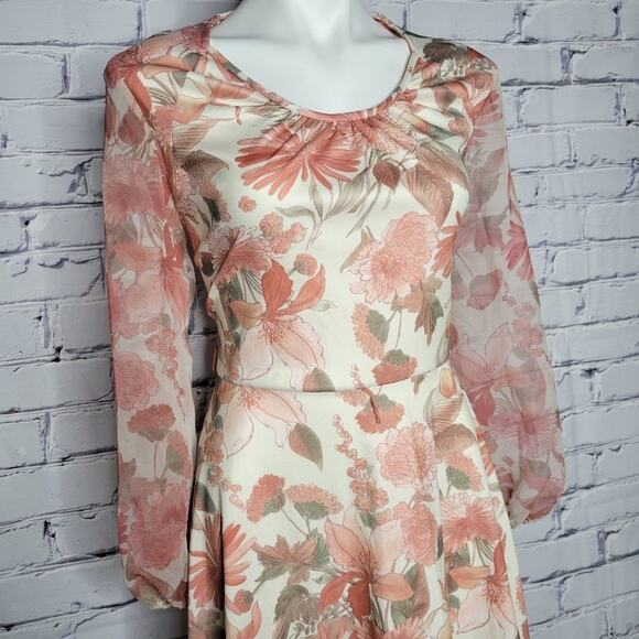 Vintage Floral Sheer Long Sleeve Midi Dress, size Medium - Picture 2 of 9